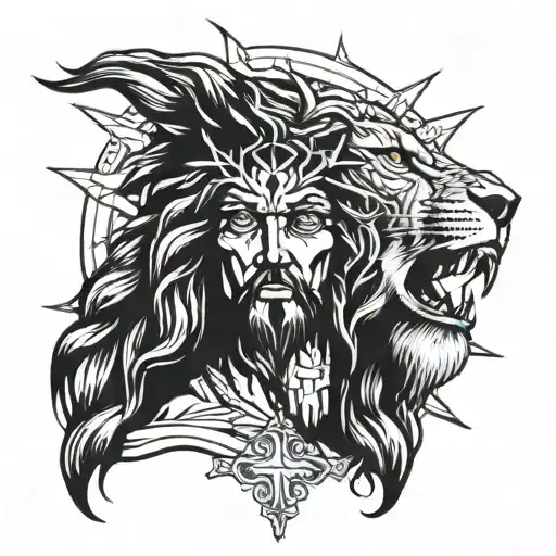 Christ With Lion Head And Cross Surrounded