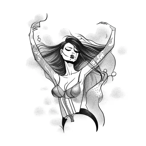 Sexy Woman Line Figure Levitating With Head In Clouds