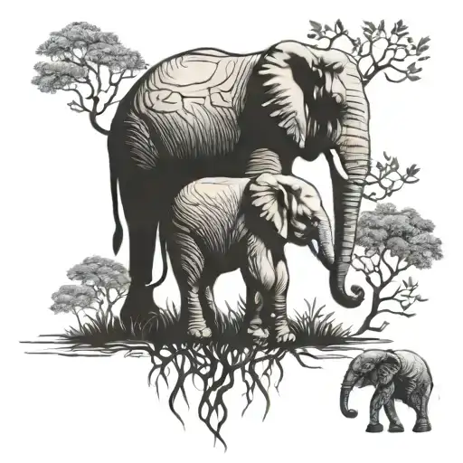 Elephant And Baby Elephant Tree Growing