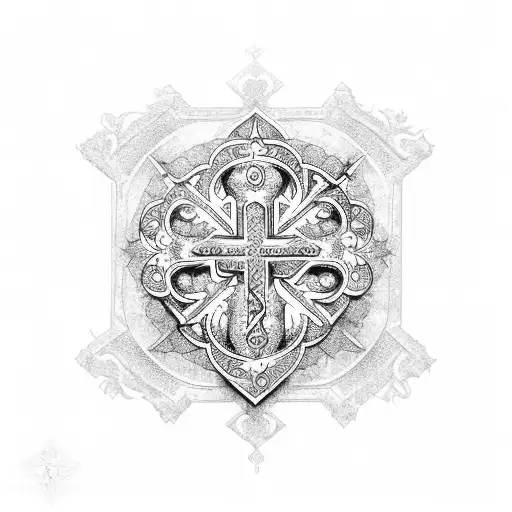 A Stylized Cross With Intricate Patterns And Symbols Representing Different Aspects Of Faith