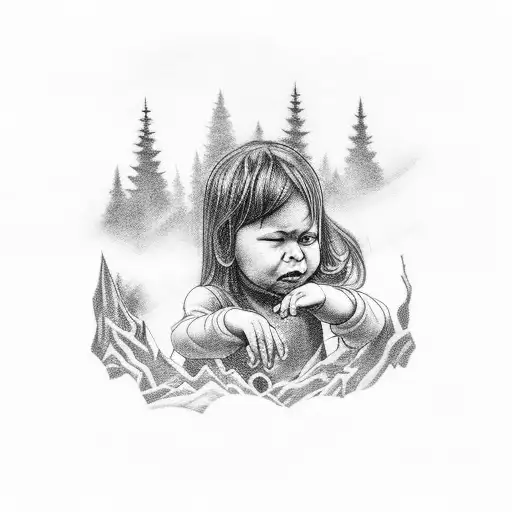 Two And One Girl Hold A Little Boy Crying In Cyrcle Deep Dark Forest