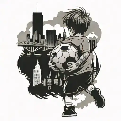 Little Boy Holding Soccer Ball Looking Towards Big City