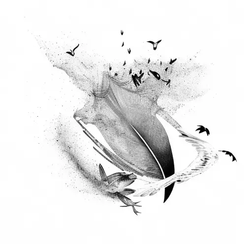 A Broken Feather Falling Into Water With Birds Coming From It