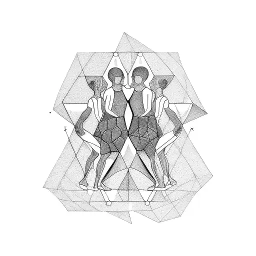 A Blackwork Tattoo Featuring A Geometric Representation Of Three Friends Embracing Each Other