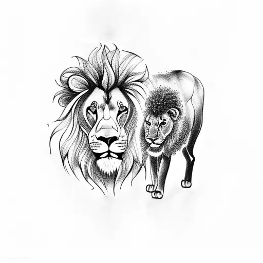 A Detailed Blackwork Tattoo Of A Lion And A Lamb Peacefully Coexisting