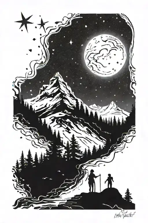 A Silhouette Of A Mother And Child Hiking Up A Mountain Trail Under A Starry Night Sky