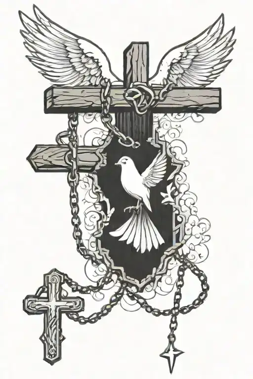 Wooden Cross With Chain Wrapped And A Dove Flying Next To It