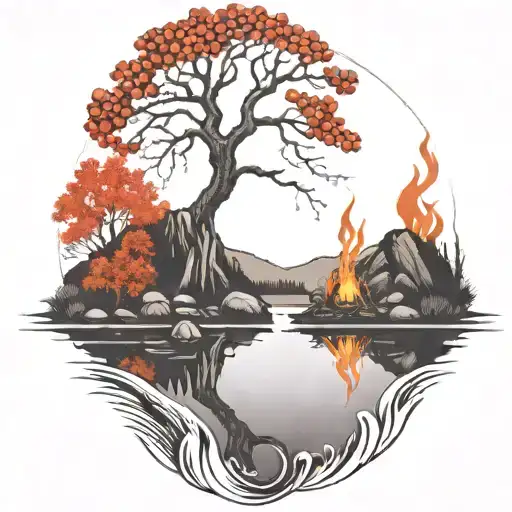 A Rowan Berry Tree And A Campfire Beside A River Waterfalling Down The Front