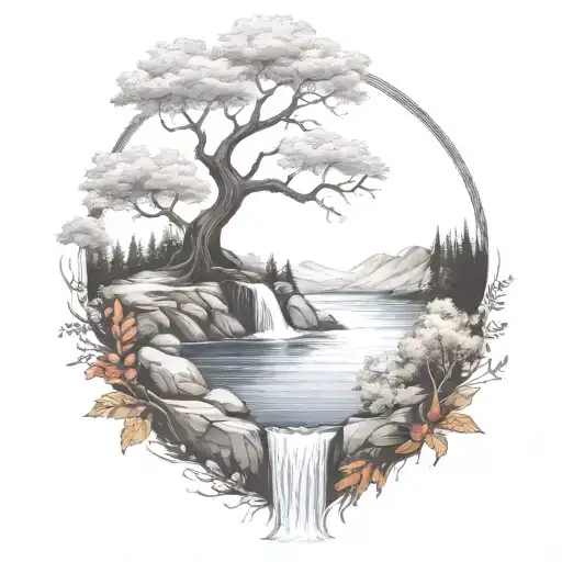 A River With A Campfire And A Rowan Tree On Either Side Of It Waterfalls Down The Front
