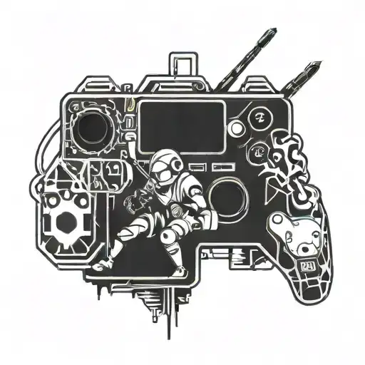 A Futuristic It-themed Tattoo With A Mix Of Anime And Gaming Symbols