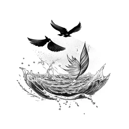 A Broken Feather Falling Into Water With Birds Coming From It