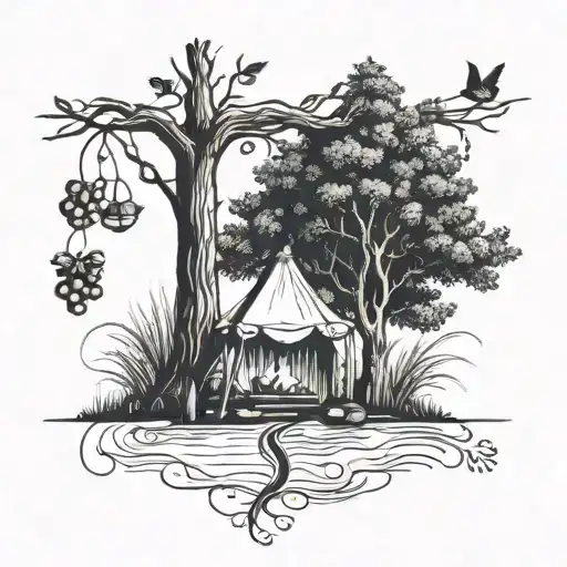 A Rowan Berry Tree And A Campfire Beside A River Waterfalling Down The Front