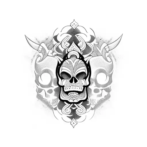 A Blackwork Tattoo Of A Skull Wearing A Traditional Japanese Kabuki Mask