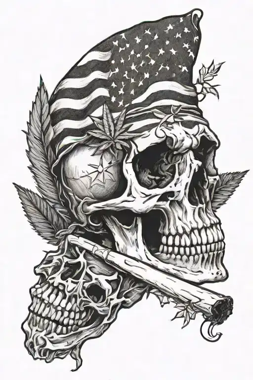 Skull Smoking A Joint And Marijuana Leaves And American Flag