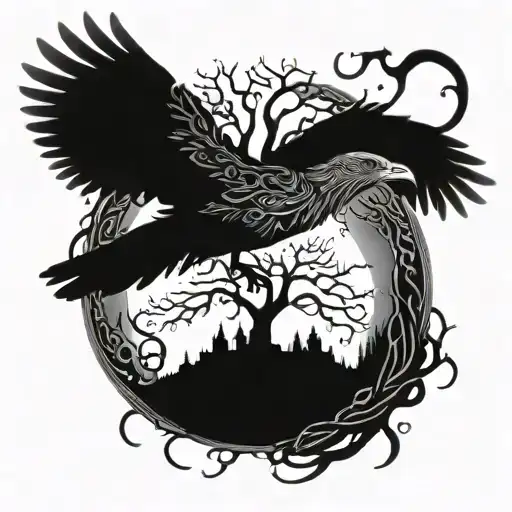 Tentacles And The Tree On Which The Raven With Outstretched Wings