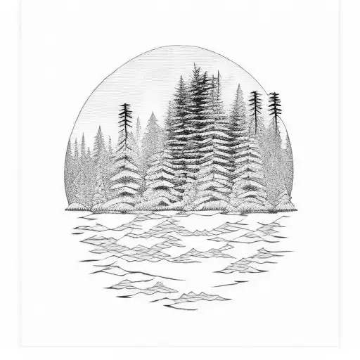 Pine Tree Outline With A Lake Cabin In The Middle And Mountains Above The Cabin
