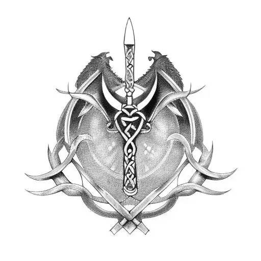 A Celtic Dragon And Viking Battle Axe Combined Into A Unique Design In Blackwork Style