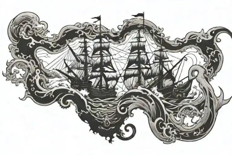 Kracken Destroying Pirate Ship Sailing Through A Sea
