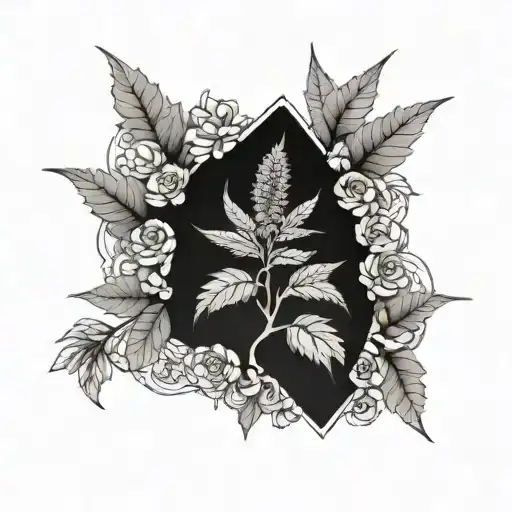 A Blackwork Tattoo Of A Cannabis Plant Intertwined With Blooming Flowers