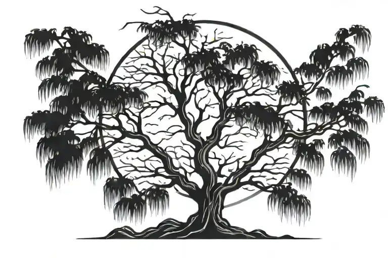 Weeping Willow Tree With Moon Rising