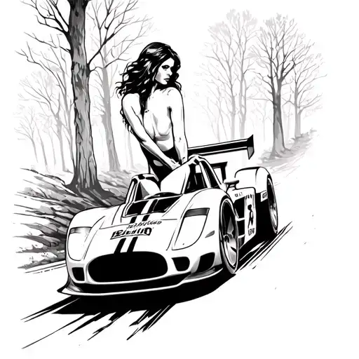 A Sexy Woman Riding A Racing Car Through A Forest