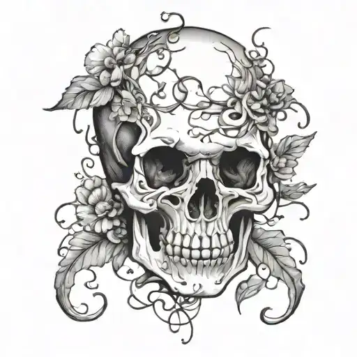 A Blackwork Tattoo Of A Skull Intertwined With Vines And Flowers Inspired By Horror Movies