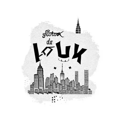 A Dotwork Tattoo Of The Words 'La Scritta Di Hollywood' Surrounded By The New York City Skyline