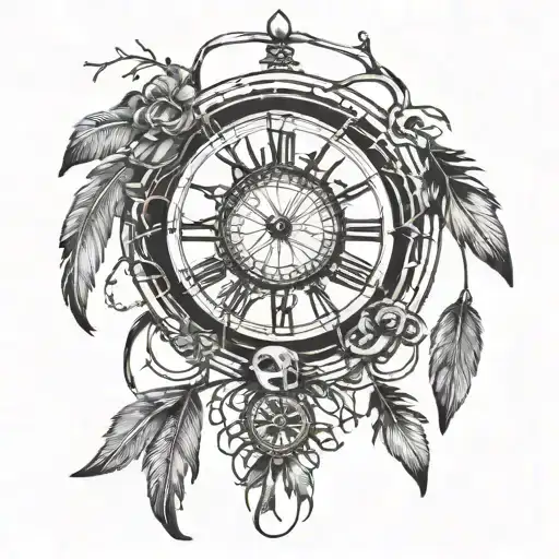 A Dreamcatcher Intertwined With An Grandfather Clock And Tree Roots