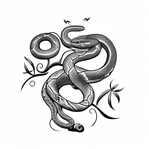 Snake Wrapped Around Honeysuckle And Vines