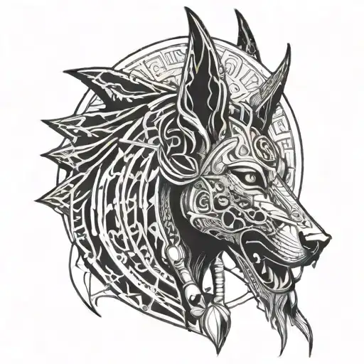 Ancient Egyptian Sleeve Tattoo Featuring Anubis And A Pharo