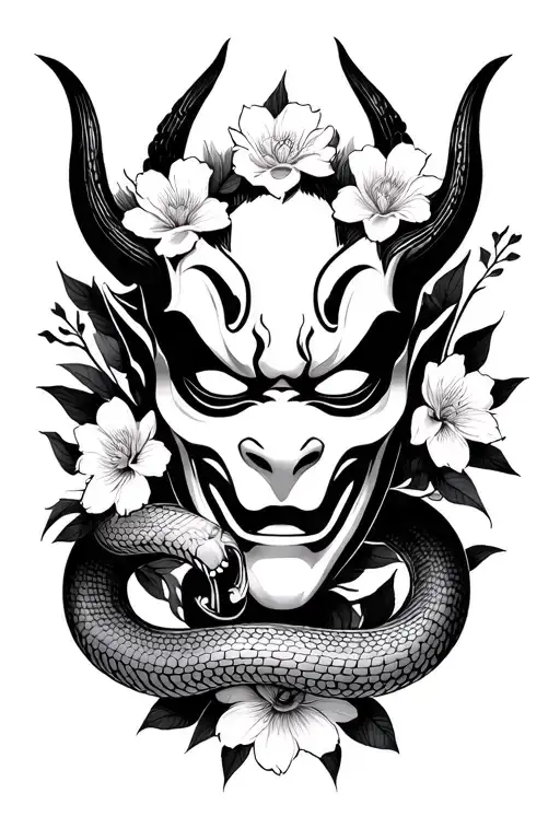Oni Mask With Flowers And Snake Wrapped Around It