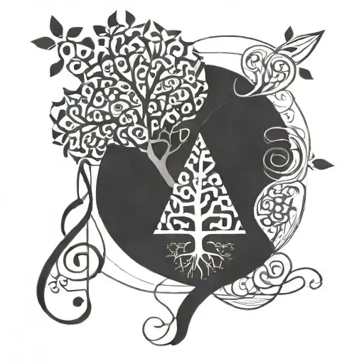 A Geometric Tree Of Life Intertwined With Musical Notes And Symbols