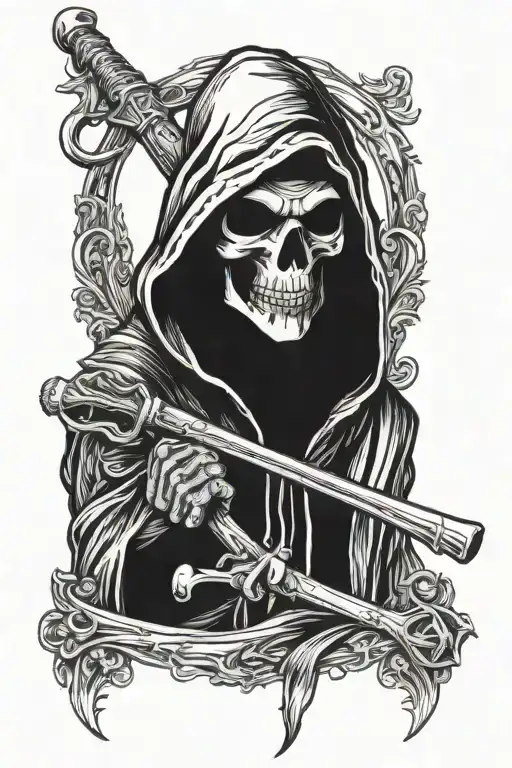 Grim Reaper Face With Hood Holding A Bow