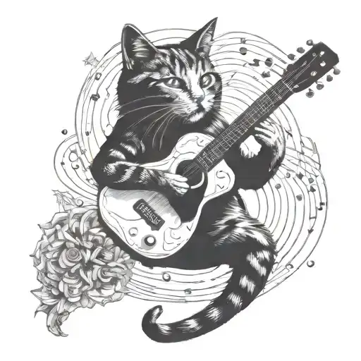 A Tattoo Of A Cat Playing A Guitar Surrounded By Music Notes