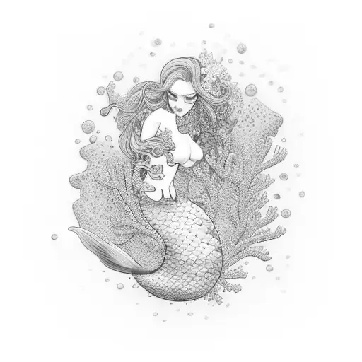 An Underwater Scene With A Mesmerizing Mermaid Swimming Among Colorful Coral Reefs