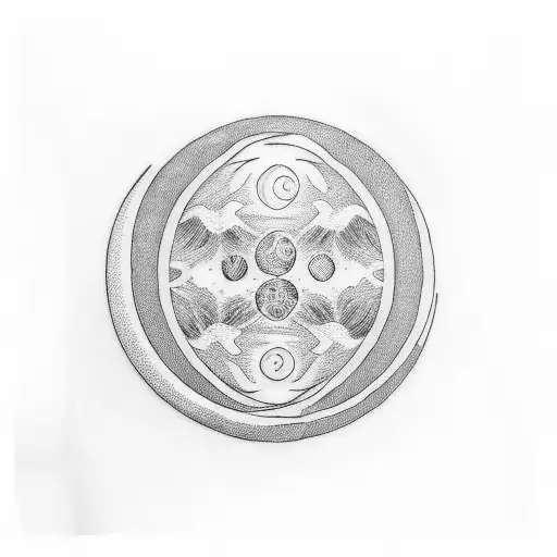 A Blackwork Tattoo Of A Moon With An Orange Heart As The Center