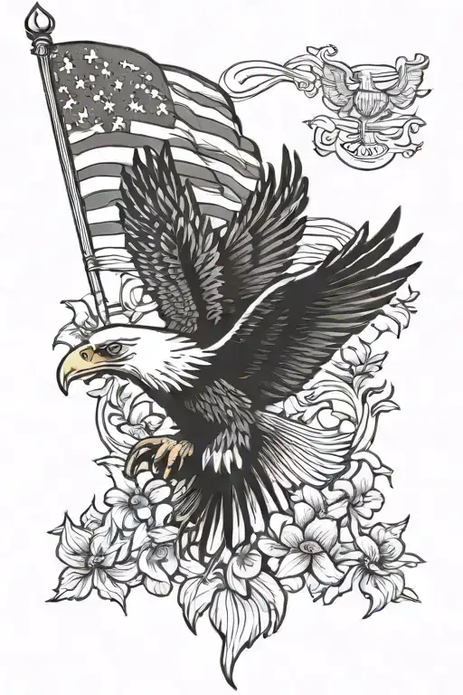 American Flag Behind Eagle And Violets