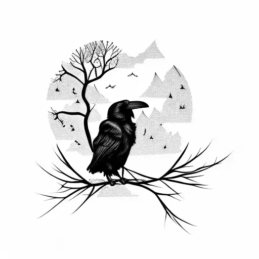 Raven With Branches Cherry Tree