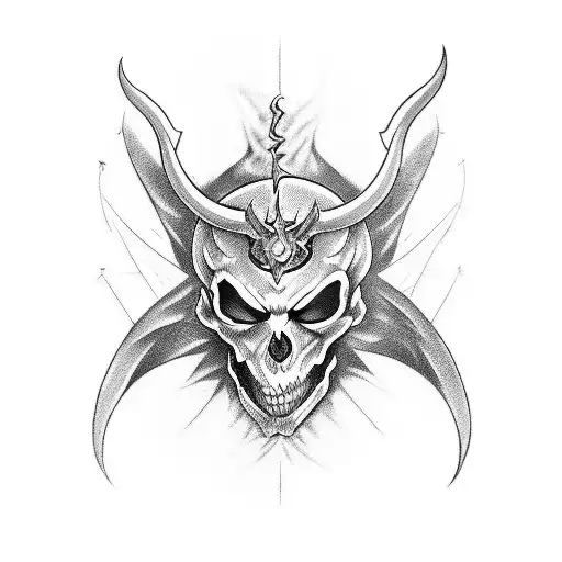 Blackwork Tattoo Showcasing A Devil Mask Personifying Death And Darkness