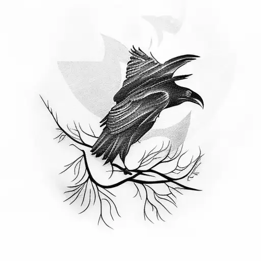 Raven With Branches Cherry Tree