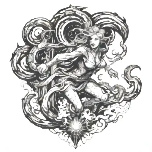 Sexy Woman Fighting Off Black Demons Trying To Pull Her Down To Hell