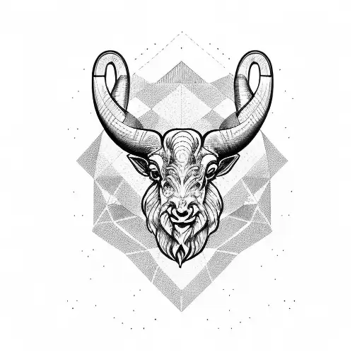 A Blackwork Tattoo Of An Aries Ram With Circuit Board Patterns Incorporated Into Its Horns