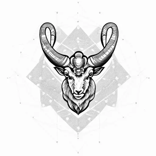 A Blackwork Tattoo Of An Aries Ram With Circuit Board Patterns Incorporated Into Its Horns