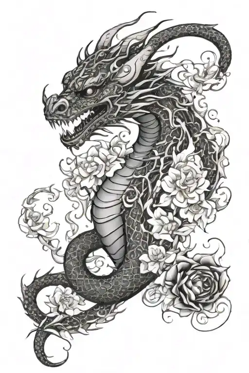 Dragon Wrapped With Fire Coming Surronded By Flowers