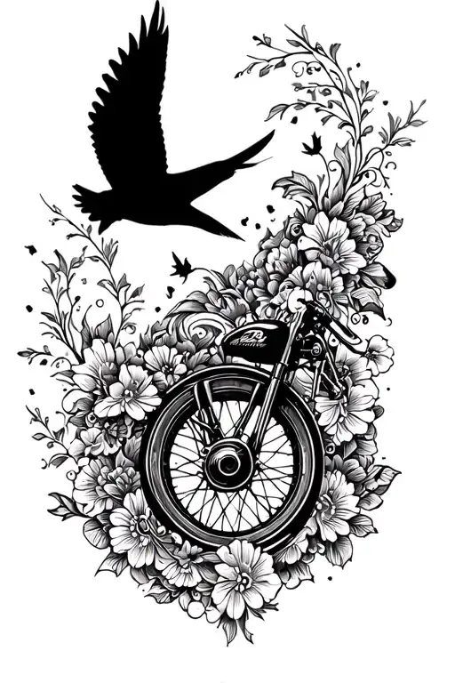 Floral Lace With Motorcycle Wheel And Birds Flying