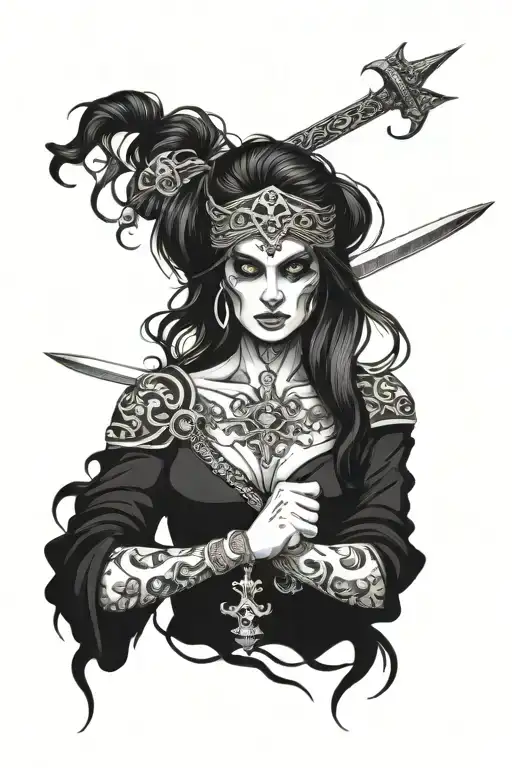 Woman Face With Sword And Skull Surrounded