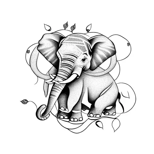 A Blackwork Tattoo Of An Elephant Playing A Musical Instrument Surrounded By Vines And Flowers