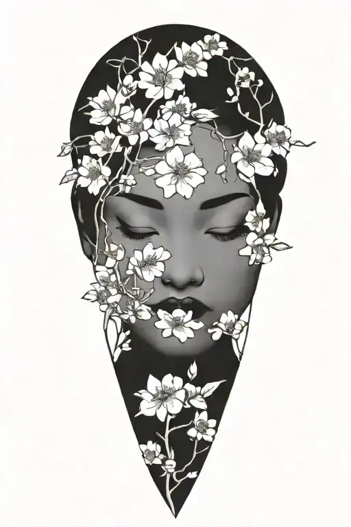 Chinese Woman With Her Eyes Closed Covered In Blossoms Branches