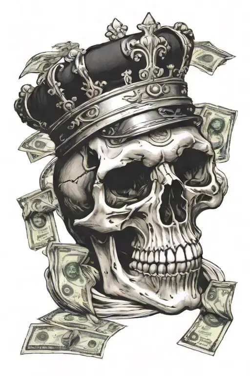 Skull With Crown And Money On The Sand