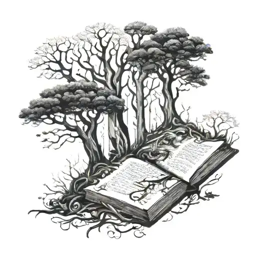 A Mystical Forest Scene With A Hidden Book Nestled Among The Trees